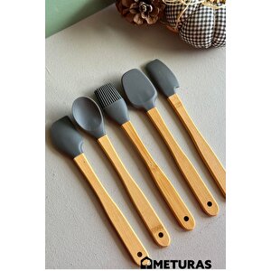 Mutfak Bambu Silikon Isıya Dayanıklı Kaşık Kepçe Takımı Spatula Ahşap Gövde Asılabilir 5 Li Set Gri