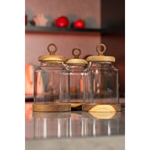 Akasya 3'lü Cam Kavanoz Saklama Ve Baharat Seti 1100 Ml 21 X 11.5 Cm