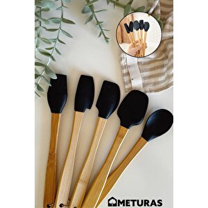 Mutfak Bambu Silikon Isıya Dayanıklı Kaşık Kepçe Takımı 5 Li Set Siyah Siyah