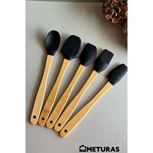 Mutfak Bambu Silikon Isıya Dayanıklı Kaşık Kepçe Takımı 5 Li Set Siyah Siyah