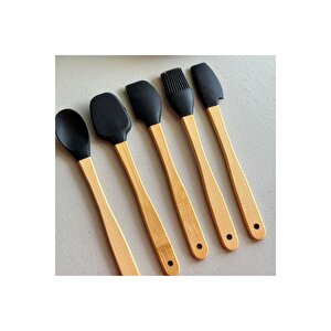 Mutfak Bambu Silikon Isıya Dayanıklı Kaşık Kepçe Takımı 5 Li Set Siyah Siyah