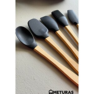 Mutfak Bambu Silikon Isıya Dayanıklı Kaşık Kepçe Takımı 5 Li Set Siyah Siyah