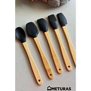 Mutfak Bambu Silikon Isıya Dayanıklı Kaşık Kepçe Takımı 5 Li Set Siyah