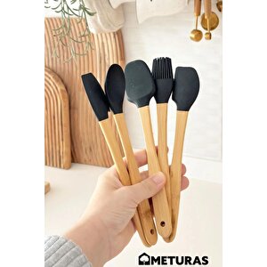 Mutfak Bambu Silikon Isıya Dayanıklı Kaşık Kepçe Takımı 5 Li Set Siyah