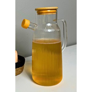 Borosilikat Cam Yağdanlık 1000 Ml Bambu Kapaklı Yağ Sürahisi, Yağ Ve Sirke Kabı
