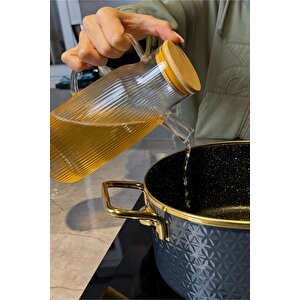 Borosilikat Cam Yağdanlık 1000 Ml Bambu Kapaklı Yağ Sürahisi, Yağ Ve Sirke Kabı