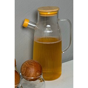 Borosilikat Cam Yağdanlık 1000 Ml Bambu Kapaklı Yağ Sürahisi, Yağ Ve Sirke Kabı