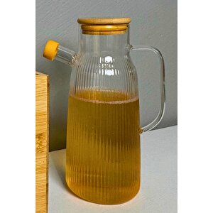 Borosilikat Cam Yağdanlık 1000 Ml Bambu Kapaklı Yağ Sürahisi, Yağ Ve Sirke Kabı