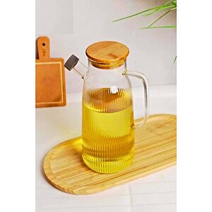 Borosilikat Cam Yağdanlık 1000 Ml Bambu Kapaklı Yağ Sürahisi, Yağ Ve Sirke Kabı