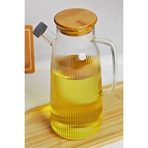 Borosilikat Cam Yağdanlık 1000 Ml Bambu Kapaklı Yağ Sürahisi, Yağ Ve Sirke Kabı