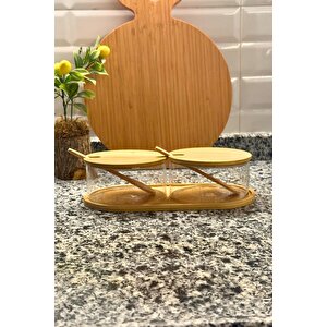 Bambu Kapaklı Cam Baharatlık Ahşap Kaşıklı Şık Ve Dekoratif Saklama Seti (280 Ml X 2)