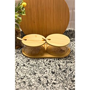 Bambu Kapaklı Cam Baharatlık Ahşap Kaşıklı Şık Ve Dekoratif Saklama Seti (280 Ml X 2)