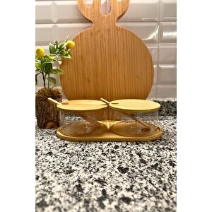 Bambu Kapaklı Cam Baharatlık Ahşap Kaşıklı Şık Ve Dekoratif Saklama Seti (280 Ml X 2)