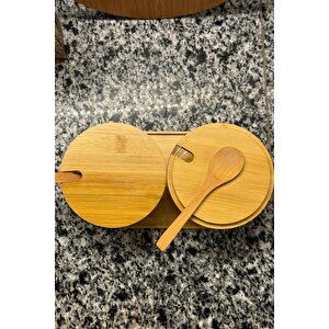 Bambu Kapaklı Cam Baharatlık Ahşap Kaşıklı Şık Ve Dekoratif Saklama Seti (280 Ml X 2)