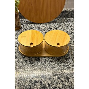 Bambu Kapaklı Cam Baharatlık Ahşap Kaşıklı Şık Ve Dekoratif Saklama Seti (280 Ml X 2)