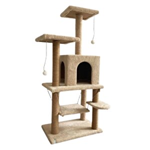 Pet Y01 Salıncaklı Yuvalı Lüx Kedi Tırmalama Oyun Evi Bej