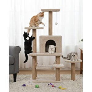 Reyo Pet Y01 Salıncaklı Yuvalı Lüx Kedi Tırmalama Oyun Evi Bej