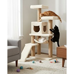 Pet S-9 Kedi Tırmalama Kulesi Platformlu 124 Cm Beyaz