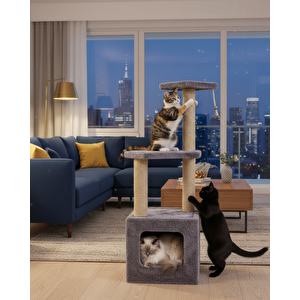 Pet Basamaklı Yuvalı Kare Ev Kedi Tırmalaması Gri
