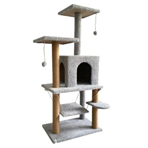 Pet Y01 Salıncaklı Yuvalı Lüx Kedi Tırmalama Oyun Evi Gri