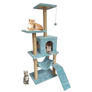 Pet B-07 Hamaklı Yuvalı Lüx Kedi Tırmalama Oyun Evi Turkuaz