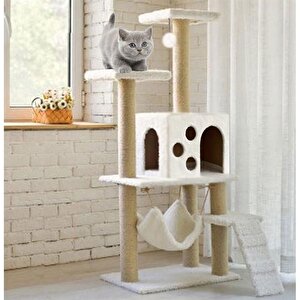 Pet B-10 Hamaklı Yuvalı Lüx Kedi Tırmalama Oyun Evi Beyaz