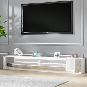 T008 Arya Işıklı Tv Sehpası Set, Efes Mermer/beyaz Efes Mermer