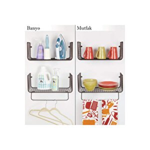 Metal Banyo & Mutfak Havlu Askılı Duvar Rafı  2li Set