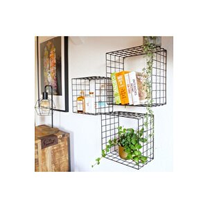 Metal 5×5 Tel Gözlü Kare Kafes Raf/3lü Set Çiçeklik - Siyah