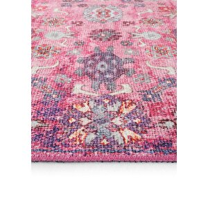 Cool Halı Private Fuşya Eskitme Vintage Halı Çiçek Desen Otantik Şönil Halı Yıkanabilir Salon Halısı