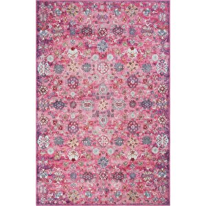 Private Fuşya Eskitme Vintage Halı Çiçek Desen Otantik Şönil Halı Yıkanabilir Salon Halısı 140x190 cm