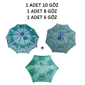 Şemsiye Balık Tuzağı 3 Lü Set 1 Adet 10 Göz + 1 Adet 8 Göz + 1 Adet 6 Göz