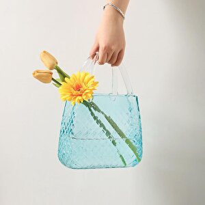 Çanta Vazo Cam Çiçek Vazosu Dekoratif Mavi Vazo Büyük Boy Oval Model 1,5kg Glass Bag Vase