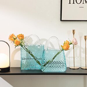 Çanta Vazo Cam Çiçek Vazosu Dekoratif Mavi Vazo Büyük Boy Oval Model 1,5kg Glass Bag Vase