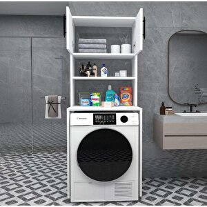 Enda Home Çamaşır Makinesi Dolabı 3 Raflı Kapaklı Banyo Dolabı Mat Beyaz