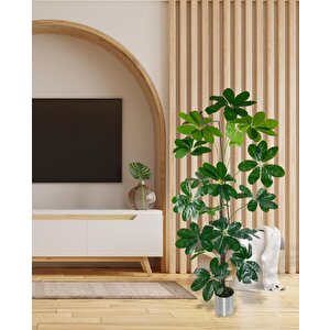 Yapay Ağaç Şeflera 18 Dallı Çalılı Gövde 120x60cm Gümüş Aleminyum Saksıda