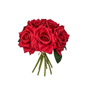 Yapay Çiçek Kırmızı Gül 10lu Demet Gelin Çiçeği Buketi Masa Üstü Vazo Çiçeği 25cm