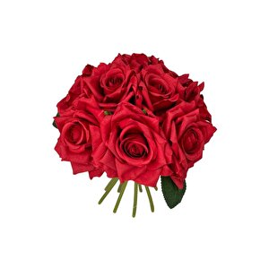 Yapay Çiçek Kırmızı Gül 10lu Demet Gelin Çiçeği Buketi Masa Üstü Vazo Çiçeği 25cm