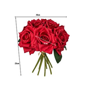 Yapay Çiçek Kırmızı Gül 10lu Demet Gelin Çiçeği Buketi Masa Üstü Vazo Çiçeği 25cm