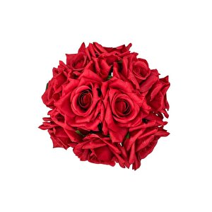 Yapay Çiçek Kırmızı Gül 10lu Demet Gelin Çiçeği Buketi Masa Üstü Vazo Çiçeği 25cm