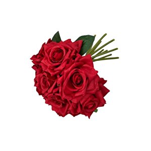 Yapay Çiçek Kırmızı Gül 10lu Demet Gelin Çiçeği Buketi Masa Üstü Vazo Çiçeği 25cm