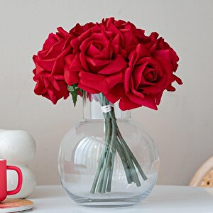 Yapay Çiçek Kırmızı Gül 10lu Demet Gelin Çiçeği Buketi Masa Üstü Vazo Çiçeği 25cm