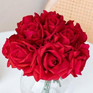 Yapay Çiçek Kırmızı Gül 10lu Demet Gelin Çiçeği Buketi Masa Üstü Vazo Çiçeği 25cm