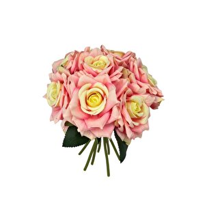 Yapay Çiçek Pembe Koyu Gül 10lu Demet Gelin Çiçeği Buketi Masa Üstü Vazo Çiçeği 25cm