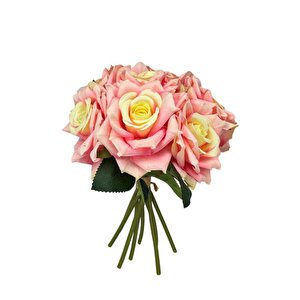 Yapay Çiçek Pembe Koyu Gül 10lu Demet Gelin Çiçeği Buketi Masa Üstü Vazo Çiçeği 25cm