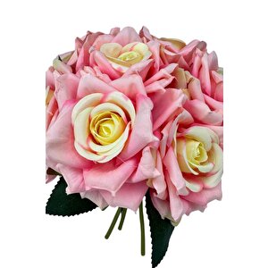 Yapay Çiçek Pembe Koyu Gül 10lu Demet Gelin Çiçeği Buketi Masa Üstü Vazo Çiçeği 25cm