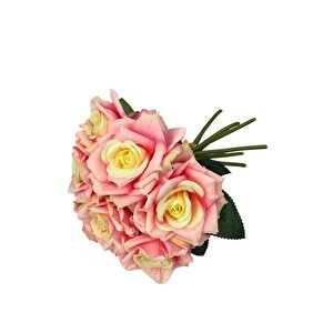 Yapay Çiçek Pembe Koyu Gül 10lu Demet Gelin Çiçeği Buketi Masa Üstü Vazo Çiçeği 25cm