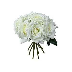 Yapay Çiçek Beyaz Gül 10lu Demet Gelin Çiçeği Buketi Masa Üstü Vazo Çiçeği 25cm