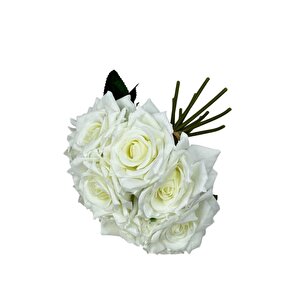 Yapay Çiçek Beyaz Gül 10lu Demet Gelin Çiçeği Buketi Masa Üstü Vazo Çiçeği 25cm