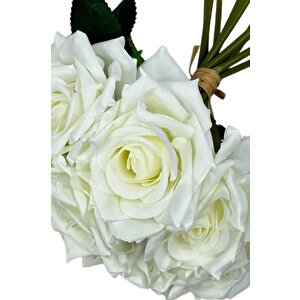 Yapay Çiçek Beyaz Gül 10lu Demet Gelin Çiçeği Buketi Masa Üstü Vazo Çiçeği 25cm